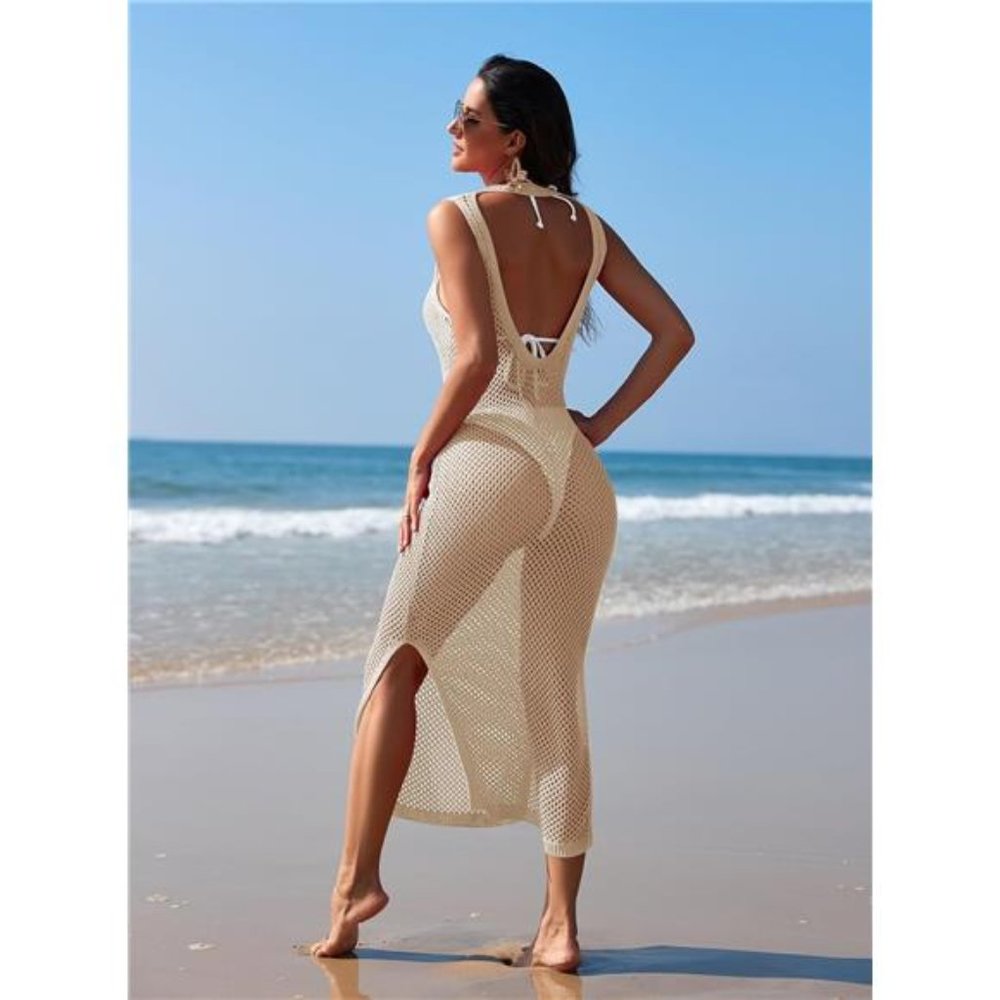 Women Crochet Swimsuit Cover Up Hollow Out Sleeveless Beach Dress Side Split - Picture 5 of 7